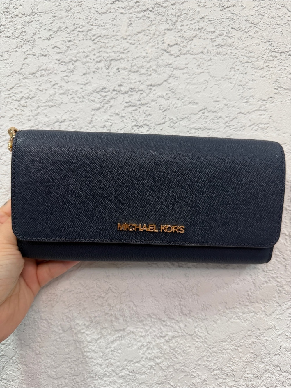 Michael Kors Navy Saffiano Leather Clutch with Gold Logo